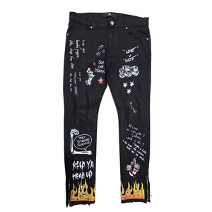 Focus Jeans Black Fire Designer Size 32L/34W Words Sayings Meanings quotes Bones